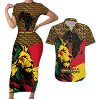 Ghana Lion Couples Matching Short Sleeve Bodycon Dress and Hawaiian Shirt - Map & Coat of Arms Grunge Style Design