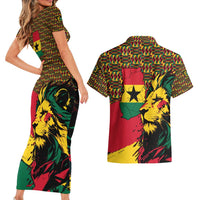 Ghana Lion Couples Matching Short Sleeve Bodycon Dress and Hawaiian Shirt - Map & Coat of Arms Grunge Style Design