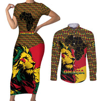 Ghana Lion Couples Matching Short Sleeve Bodycon Dress and Long Sleeve Button Shirt - Map & Coat of Arms Grunge Style Design
