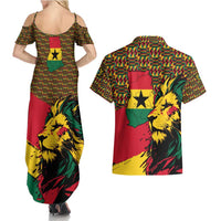 Ghana Lion Couples Matching Summer Maxi Dress and Hawaiian Shirt - Map & Coat of Arms Grunge Style Design