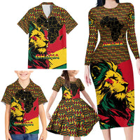 Ghana Lion Family Matching Long Sleeve Bodycon Dress and Hawaiian Shirt - Map & Coat of Arms Grunge Style Design