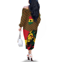 Ghana Lion Family Matching Off The Shoulder Long Sleeve Dress and Hawaiian Shirt - Map & Coat of Arms Grunge Style Design