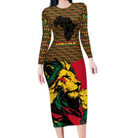 Ghana Lion Long Sleeve Bodycon Dress - Map & Coat of Arms Grunge Style Design