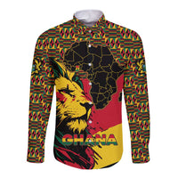 Ghana Lion Long Sleeve Button Shirt - Map & Coat of Arms Grunge Style Design