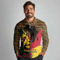 Ghana Lion Long Sleeve Polo Shirt - Map & Coat of Arms Grunge Style Design