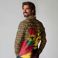 Ghana Lion Long Sleeve Polo Shirt - Map & Coat of Arms Grunge Style Design