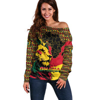 Ghana Lion Off Shoulder Sweater - Map & Coat of Arms Grunge Style Design