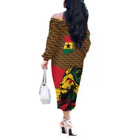 Ghana Lion Off The Shoulder Long Sleeve Dress - Map & Coat of Arms Grunge Style Design