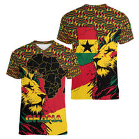 Ghana Lion Women V-Neck T-Shirt - Map & Coat of Arms Grunge Style Design