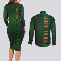 Ireland Celtic Knot and Clover Design Couples Matching Long Sleeve Bodycon Dress and Long Sleeve Button Shirt