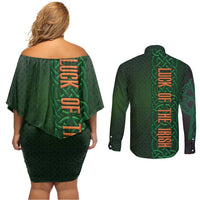 Ireland Celtic Knot and Clover Design Couples Matching Off Shoulder Short Dress and Long Sleeve Button Shirt