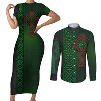 Ireland Celtic Knot and Clover Design Couples Matching Short Sleeve Bodycon Dress and Long Sleeve Button Shirt
