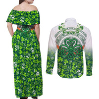 Celtic Knot and Clover Ireland - Inspired Design Couples Matching Off Shoulder Maxi Dress and Long Sleeve Button Shirt
