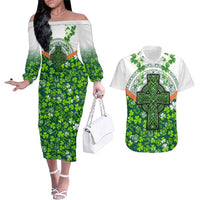Celtic Knot and Clover Ireland - Inspired Design Couples Matching Off The Shoulder Long Sleeve Dress and Hawaiian Shirt