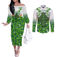 Celtic Knot and Clover Ireland - Inspired Design Couples Matching Off The Shoulder Long Sleeve Dress and Long Sleeve Button Shirt