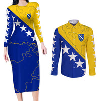 Bosnia and Herzegovina Couples Matching Long Sleeve Bodycon Dress and Long Sleeve Button Shirt Flag and Coat of Arms Hoodie – Unique Combination Design