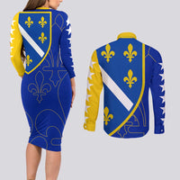 Bosnia and Herzegovina Couples Matching Long Sleeve Bodycon Dress and Long Sleeve Button Shirt Flag and Coat of Arms Hoodie – Unique Combination Design