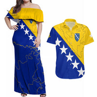 Bosnia and Herzegovina Couples Matching Off Shoulder Maxi Dress and Hawaiian Shirt Flag and Coat of Arms Hoodie – Unique Combination Design