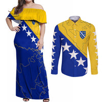 Bosnia and Herzegovina Couples Matching Off Shoulder Maxi Dress and Long Sleeve Button Shirt Flag and Coat of Arms Hoodie – Unique Combination Design