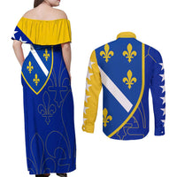 Bosnia and Herzegovina Couples Matching Off Shoulder Maxi Dress and Long Sleeve Button Shirt Flag and Coat of Arms Hoodie – Unique Combination Design