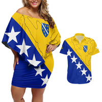 Bosnia and Herzegovina Couples Matching Off Shoulder Short Dress and Hawaiian Shirt Flag and Coat of Arms Hoodie – Unique Combination Design
