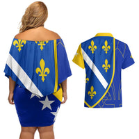 Bosnia and Herzegovina Couples Matching Off Shoulder Short Dress and Hawaiian Shirt Flag and Coat of Arms Hoodie – Unique Combination Design