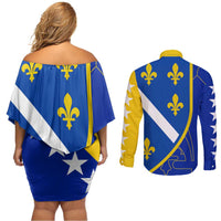 Bosnia and Herzegovina Couples Matching Off Shoulder Short Dress and Long Sleeve Button Shirt Flag and Coat of Arms Hoodie – Unique Combination Design