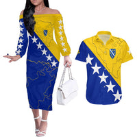 Bosnia and Herzegovina Couples Matching Off The Shoulder Long Sleeve Dress and Hawaiian Shirt Flag and Coat of Arms Hoodie – Unique Combination Design