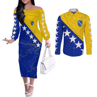 Bosnia and Herzegovina Couples Matching Off The Shoulder Long Sleeve Dress and Long Sleeve Button Shirt Flag and Coat of Arms Hoodie – Unique Combination Design