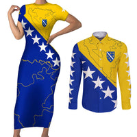 Bosnia and Herzegovina Couples Matching Short Sleeve Bodycon Dress and Long Sleeve Button Shirt Flag and Coat of Arms Hoodie – Unique Combination Design