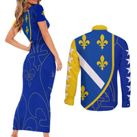 Bosnia and Herzegovina Couples Matching Short Sleeve Bodycon Dress and Long Sleeve Button Shirt Flag and Coat of Arms Hoodie – Unique Combination Design