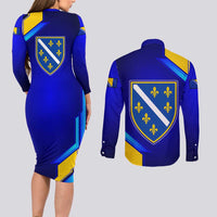 Bosnia and Herzegovina Coat of Arms Couples Matching Long Sleeve Bodycon Dress and Long Sleeve Button Shirt Blend of National Colors & Symbols