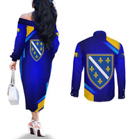 Bosnia and Herzegovina Coat of Arms Couples Matching Off The Shoulder Long Sleeve Dress and Long Sleeve Button Shirt Blend of National Colors & Symbols