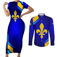 Bosnia and Herzegovina Coat of Arms Couples Matching Short Sleeve Bodycon Dress and Long Sleeve Button Shirt Blend of National Colors & Symbols