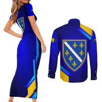 Bosnia and Herzegovina Coat of Arms Couples Matching Short Sleeve Bodycon Dress and Long Sleeve Button Shirt Blend of National Colors & Symbols