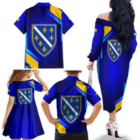 Bosnia and Herzegovina Coat of Arms Family Matching Off The Shoulder Long Sleeve Dress and Hawaiian Shirt Blend of National Colors & Symbols