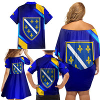 Bosnia and Herzegovina Coat of Arms Family Matching Off Shoulder Short Dress and Hawaiian Shirt Blend of National Colors & Symbols