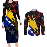 Bosnia and Herzegovina Flag Couples Matching Long Sleeve Bodycon Dress and Long Sleeve Button Shirt with Dragon Shape - Fusion of National Pride & Sports Spirit