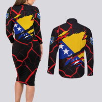 Bosnia and Herzegovina Flag Couples Matching Long Sleeve Bodycon Dress and Long Sleeve Button Shirt with Dragon Shape - Fusion of National Pride & Sports Spirit