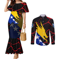 Bosnia and Herzegovina Flag Couples Matching Mermaid Dress and Long Sleeve Button Shirt with Dragon Shape - Fusion of National Pride & Sports Spirit