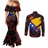 Bosnia and Herzegovina Flag Couples Matching Mermaid Dress and Long Sleeve Button Shirt with Dragon Shape - Fusion of National Pride & Sports Spirit