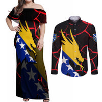 Bosnia and Herzegovina Flag Couples Matching Off Shoulder Maxi Dress and Long Sleeve Button Shirt with Dragon Shape - Fusion of National Pride & Sports Spirit