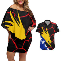 Bosnia and Herzegovina Flag Couples Matching Off Shoulder Short Dress and Hawaiian Shirt with Dragon Shape - Fusion of National Pride & Sports Spirit