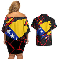 Bosnia and Herzegovina Flag Couples Matching Off Shoulder Short Dress and Hawaiian Shirt with Dragon Shape - Fusion of National Pride & Sports Spirit