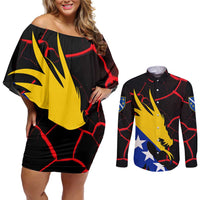 Bosnia and Herzegovina Flag Couples Matching Off Shoulder Short Dress and Long Sleeve Button Shirt with Dragon Shape - Fusion of National Pride & Sports Spirit