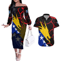 Bosnia and Herzegovina Flag Couples Matching Off The Shoulder Long Sleeve Dress and Hawaiian Shirt with Dragon Shape - Fusion of National Pride & Sports Spirit