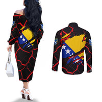 Bosnia and Herzegovina Flag Couples Matching Off The Shoulder Long Sleeve Dress and Long Sleeve Button Shirt with Dragon Shape - Fusion of National Pride & Sports Spirit