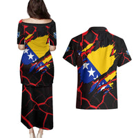 Bosnia and Herzegovina Flag Couples Matching Puletasi and Hawaiian Shirt with Dragon Shape - Fusion of National Pride & Sports Spirit