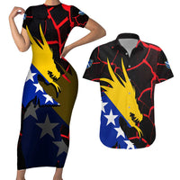 Bosnia and Herzegovina Flag Couples Matching Short Sleeve Bodycon Dress and Hawaiian Shirt with Dragon Shape - Fusion of National Pride & Sports Spirit