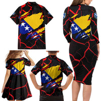 Bosnia and Herzegovina Flag Family Matching Long Sleeve Bodycon Dress and Hawaiian Shirt with Dragon Shape - Fusion of National Pride & Sports Spirit